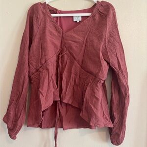 Maeve Dusty Rose V-Neck Long Sleeve Peplum Tie-Front Top